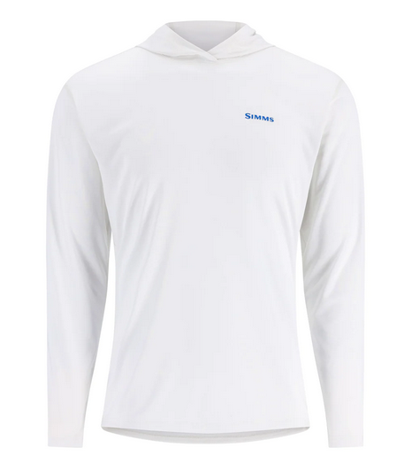 white tech hoody with Simms logo in blue
