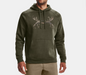 model wearing green draw string hoodie with Under Armour logo is antlers and tan bottoms