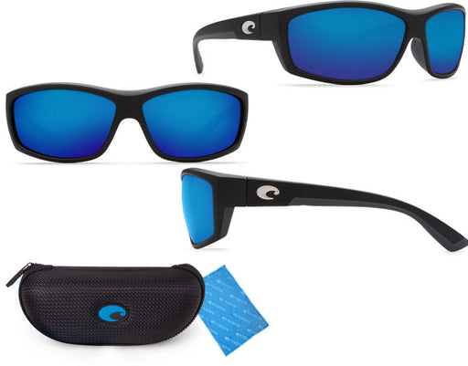 black sunglasses with blue lenses and a black case