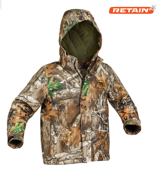 Foliage camo print hooded parka zip and snap front velcro secure cuffs