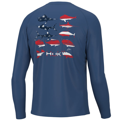 blue Huk, KC Flag Fish Pursuit-Set Sail performance hoodie with fish in flag print on back