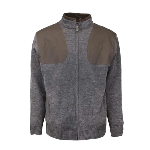 gray full front zip sweater with brown solid patches on front chest/shoulder