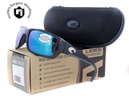 black sunglasses with blue lenses case and packaging
