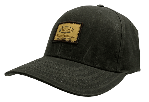 black cloth cap with Avery logo patch on front