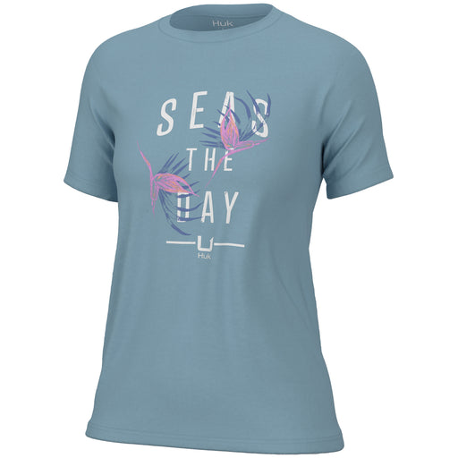Huk, Seas the Day Tee-Crystal Blue pink and white on front tee
