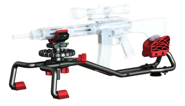 BIRCHWOOD CASEY BRAVO SHOOTING REST in black with red trims  displaying a transparent rifle with scope
