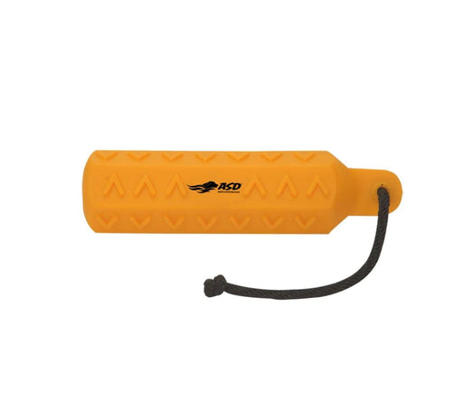 Orange textured dog toy with black cord attached. 