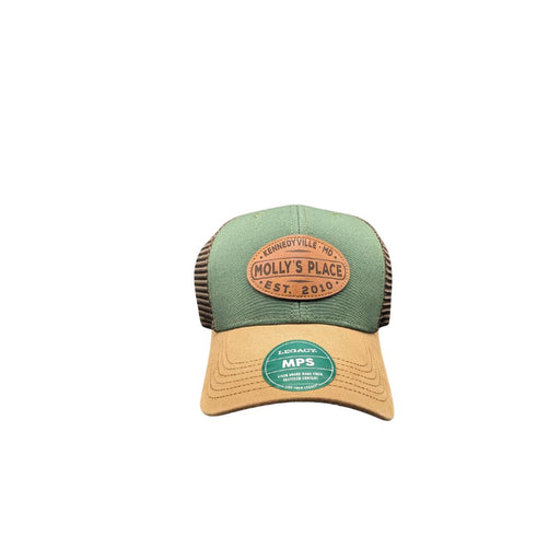 Molly's Place Mid-Pro Snapback in green tan and brown with oval leather Molly's Place patch on front