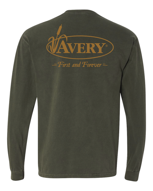 Olive long sleeve pull over shirt with Avery logo  in gold 