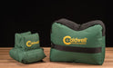 Green front and rear padded shooting rests with yellow Caldwell logo