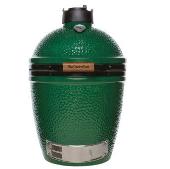 A big green egg charcoal grill, with a green ceramic body and metal accents in a size small. 