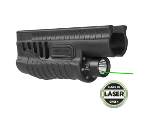 Nightstick, Polymer Shotgun Forend for Mossberg 500/590/590A1/Shockwave with White Light & Green Laser & Switch Activated Battery Safe Mode - Black