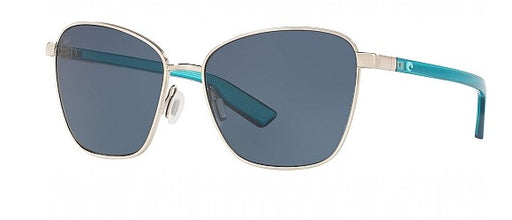 silver metal frame  sunglasses with teal arms and gray lenses