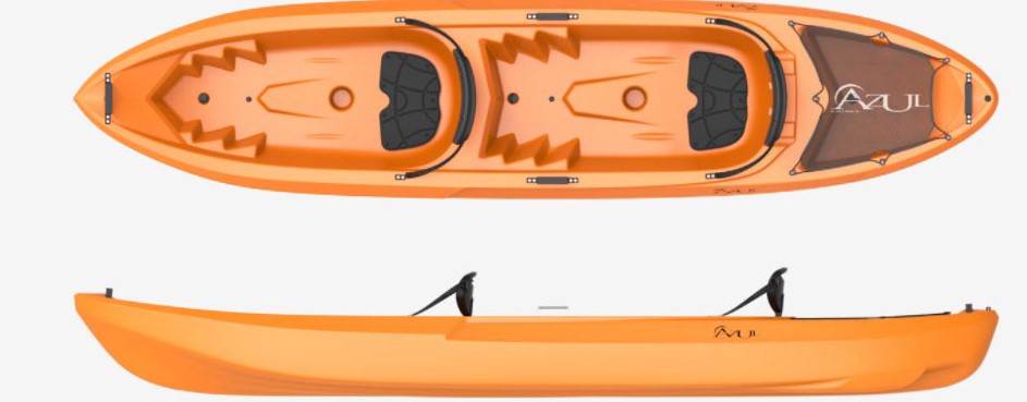 top and side view of neon orange two person kayak