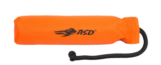 Orange dog toy with black cord. 
