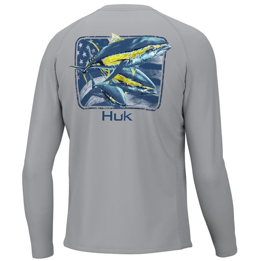 gray long sleeve with tuna and flag print on back Huk, KC Tuna Stripes Pursuit-Harbor Mist