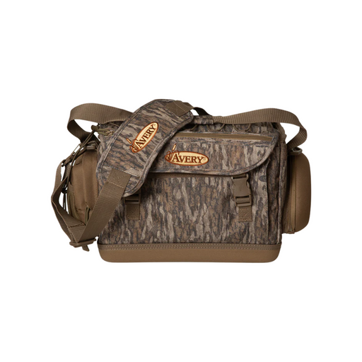 Brown gray and black camo print bag with shoulder strap and pockets