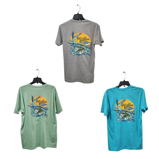 Molly's Place Short Sleeve T-Shirts with Molly's Logo on front Fuel Your Adventure and  Striper on the back in color options grey,  blue and light green