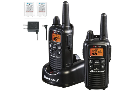 black walkie talkies set with base and cord