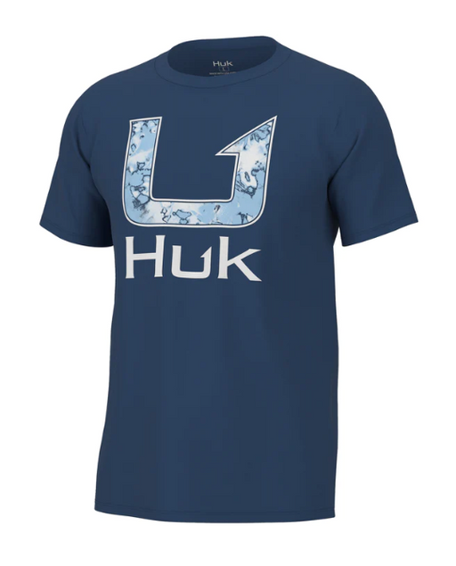 navy HUK Fin Fill Tee with water print inside logo