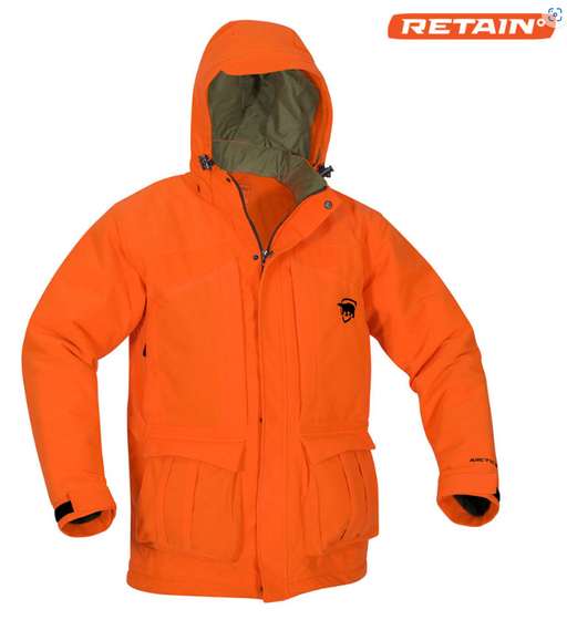 hunting orange hooded parka zip and snap front and velcro cuffs and large front pockets