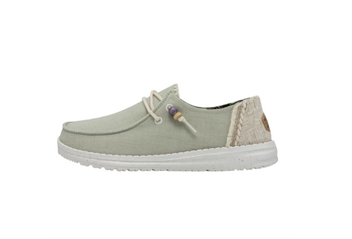 HeyDude Women's Wendy Fringe Sage with tan heel and beads on the laces