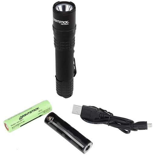 USB Rechargeable Multi-Function Tactical Flashlight - Black with charging cord and battery