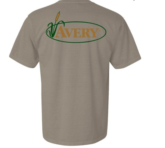 tan  tee shirt with gold Avery logo circled in green