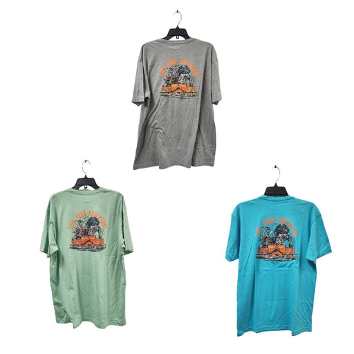 Molly's T-shirts with logo on front and storefront on the back in colors light green, blue, and grey