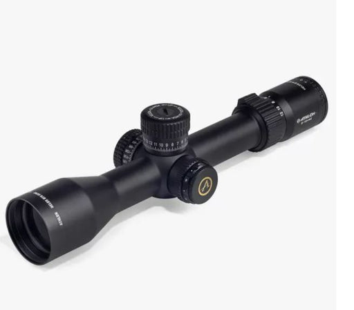 Black gun scope with with magnification adjustment, windage turret, elevation turret, and side target focus adjustment