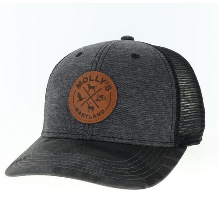 Molly Place Youth Old Favorite Trucker cap in charcoal with black camo bill and round tan Molly's patch on front