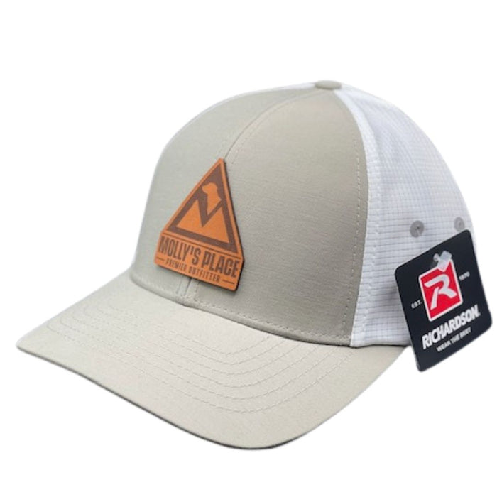 Molly's Place Bandon Split Trucker Hat gray and white with Molly's Place tan logo patch on front