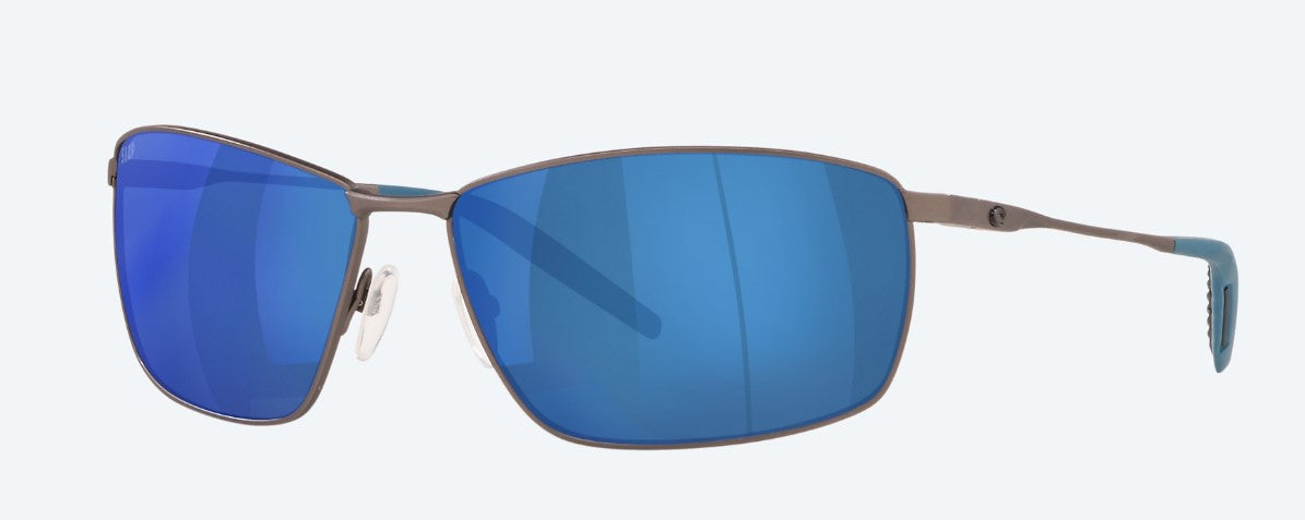 gunmetal frame sunglasses with blue lenses