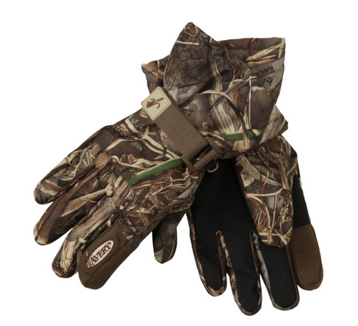 Camo gloves with wrist strap. 