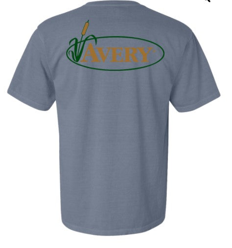 blue tee shirt with gold Avery logo circled  in green