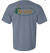 blue tee shirt with gold Avery logo circled in green