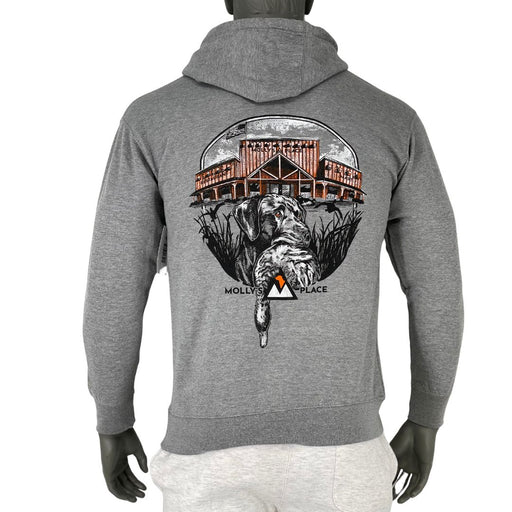 Molly's Premium Hoodiefeaturing Molly's Place Storefront in backdrop of a hunting dog with a duck in mouth Crabon Grey 