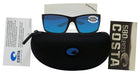 black sunglasses with blue lenses with case and packaging