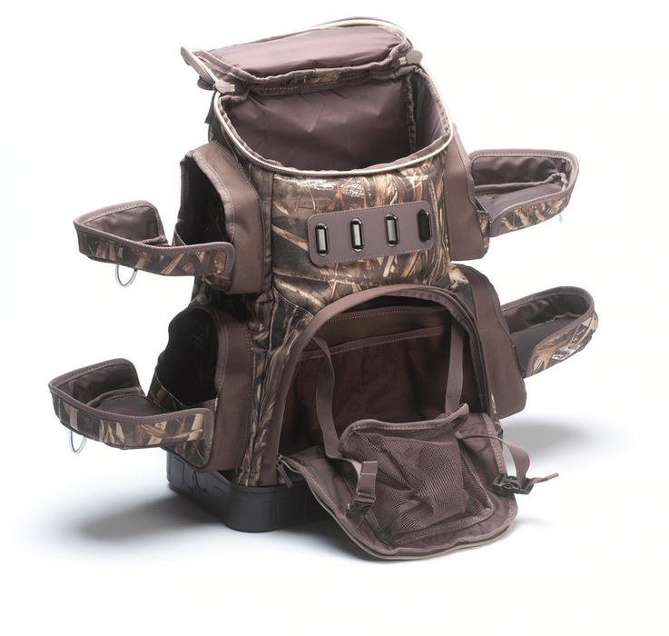Dr. Duck DDBP-1921M5, FlyZone Backpack Realtree Max-5 with ,ultiple pockets and clips shown with all pockets open