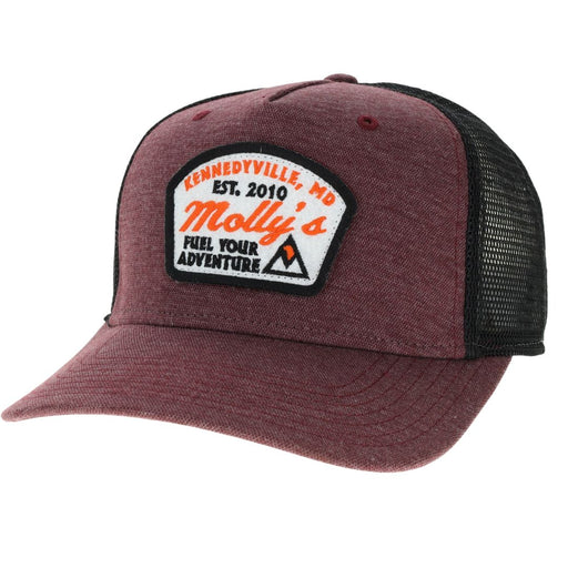 Molly's Place Roadie Trucker Hat Fuel Your Adventure maroon and black