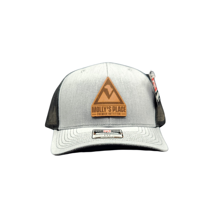 Molly's Place Trucker hat in gray with black mesh back and brown Molly's Plcae leather logo on front