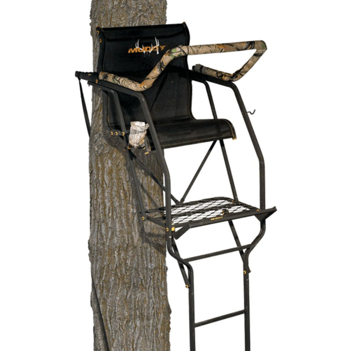 Muddy The Stronghold 1.5 ladder hunting stand secured to a tree