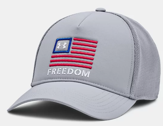 gray trucker cap with red and blue flag on the front