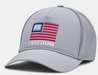 gray trucker cap with red and blue flag on the front