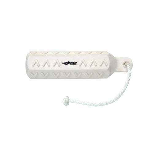 All white dog textured dog toy with white cord attached. 
