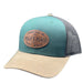 Molly's Place teal navy and tan snapback hat with oval leather logo