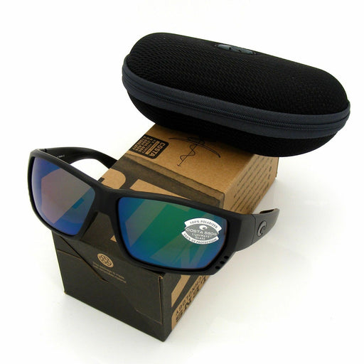 black sunglasses with blue lenses black case and package box