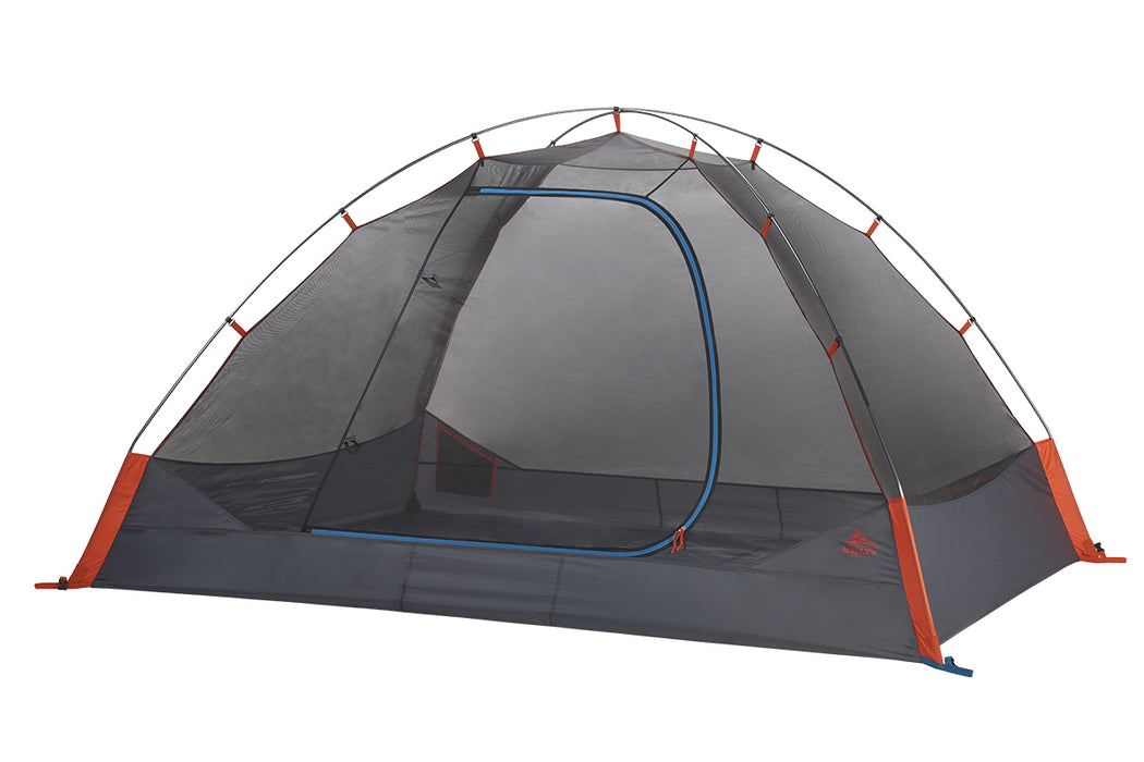 gray tent with orange trim and blue zipper