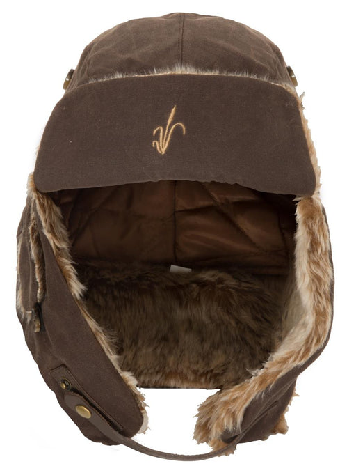 Brown hat with ear flaps lined with fur on the inside. 