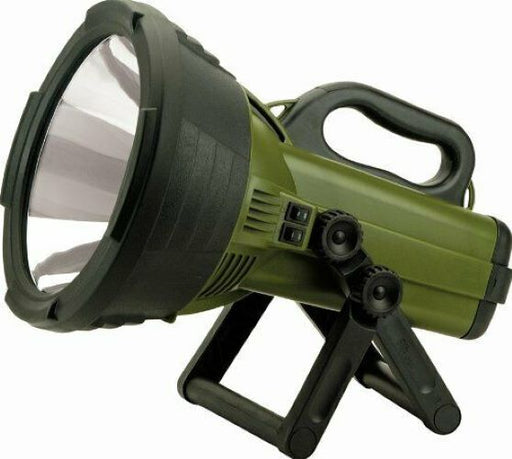 green and black hand held spot light with handle on top and attached adjustable stand on bottom